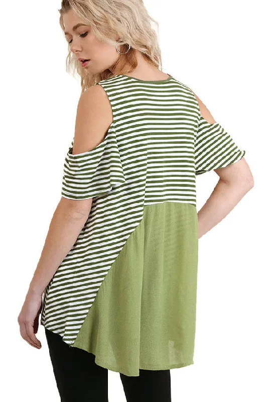 Cold Shoulder Striped Top, Olive