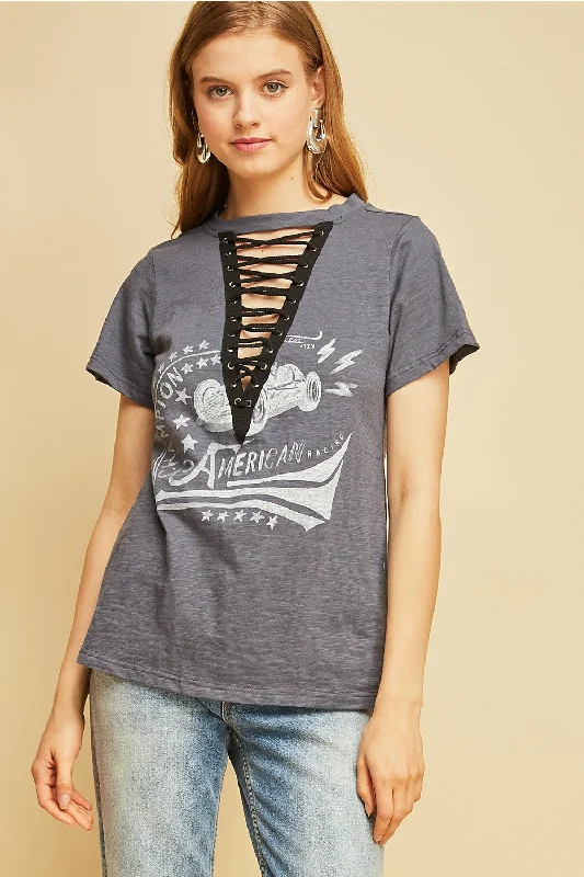 Lace Up Graphic Tee, Charcoal