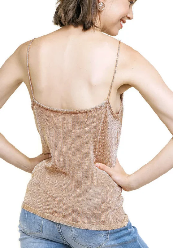 Lurex Cowl Neck Tank Top, Rose Gold