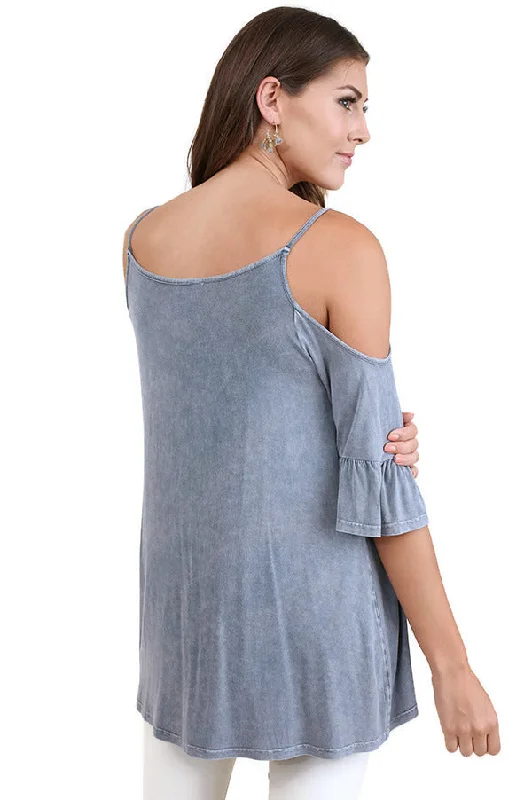 Mineral Washed Cold Shoulder Top, Denim