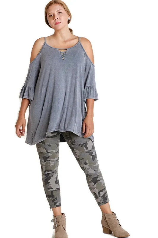 Mineral Washed Cold Shoulder Top, Denim