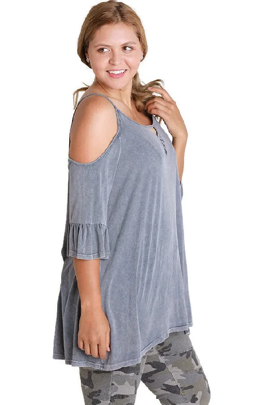 Mineral Washed Cold Shoulder Top, Denim