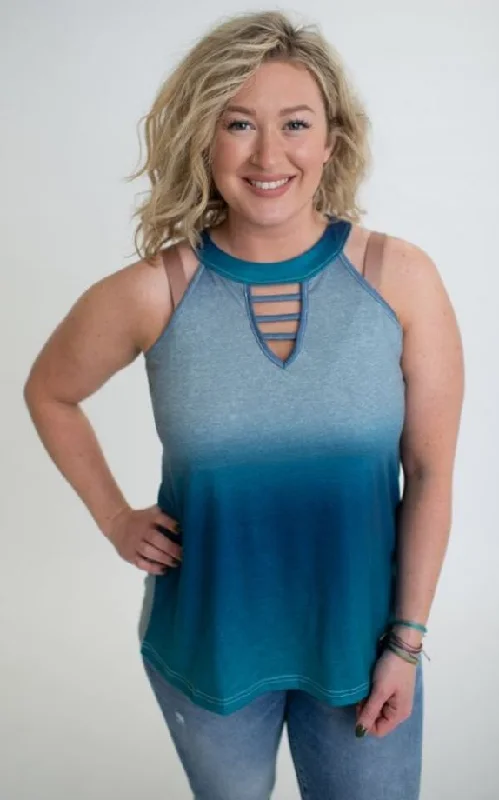 Ombre' Keyhole Tank Top, Blue