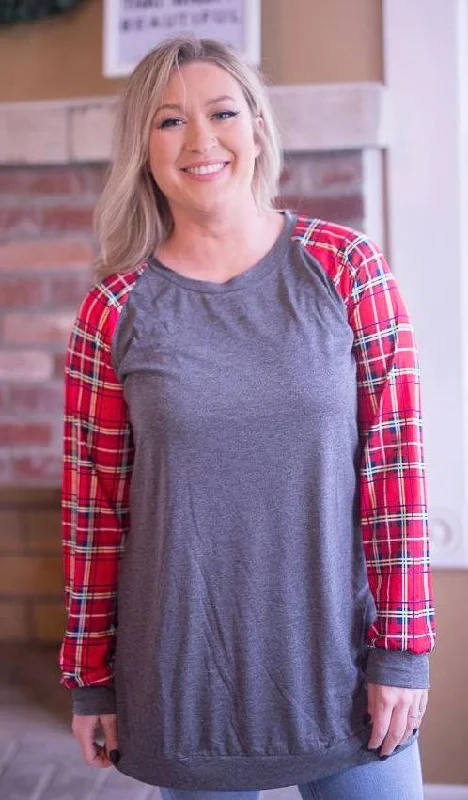 Plaid Raglan Top, Grey