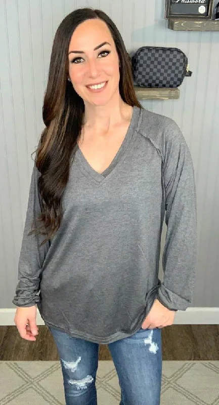 Solid V-Neck Top, Grey