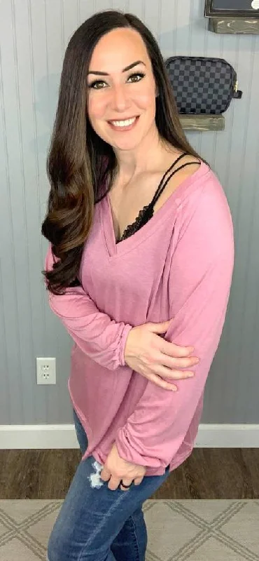 Solid V-Neck Top, Mauve