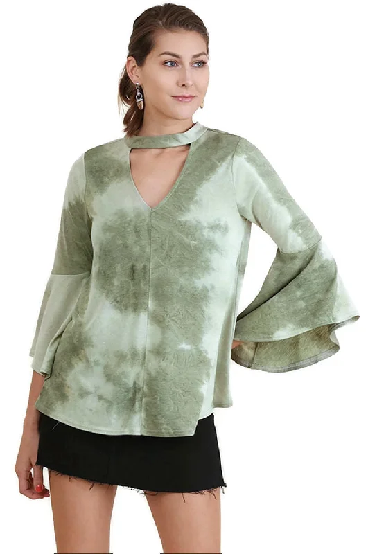 Tie Dye Bell Sleeve Bohemian Top, Sage