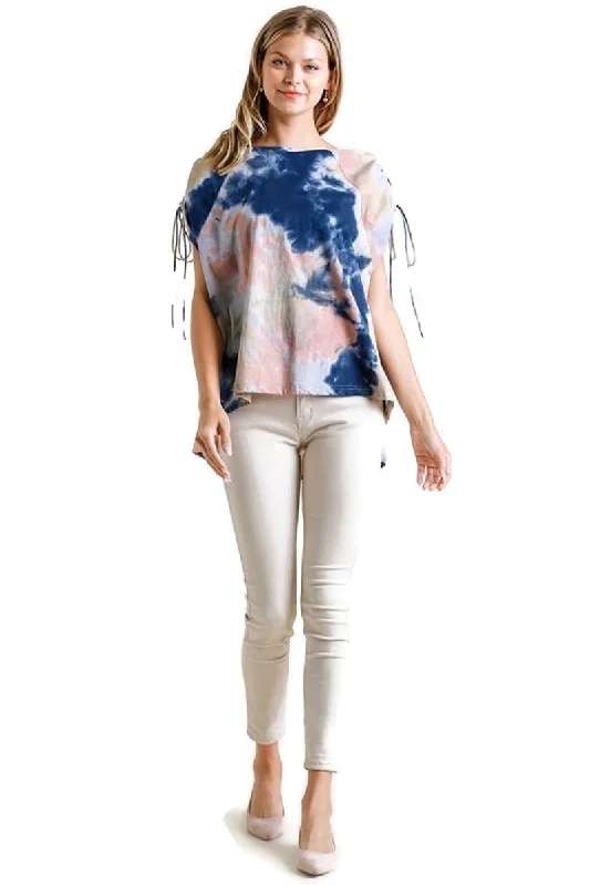 Tie Dye Cinched Sleeve Top, Navy /Peach