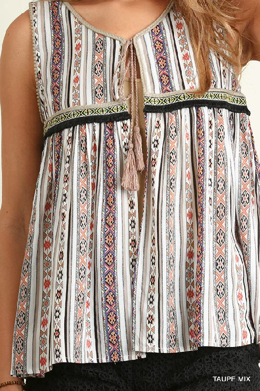 Tribal Print Tassel Tie Vest, Taupe