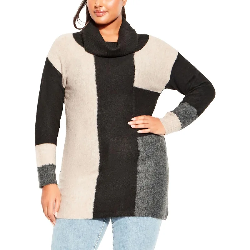 Evans Womens Plus Cowl Neck Colorblock Pullover Sweater