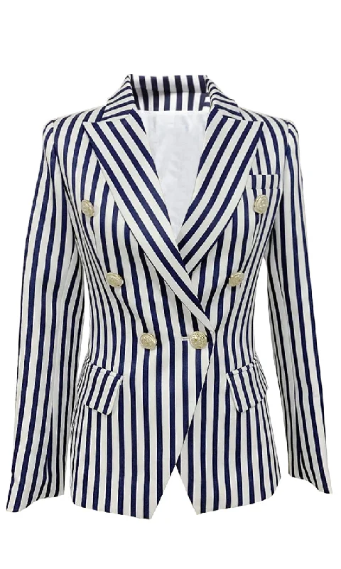 Ahoy Sailor Blue White Striped Pattern Long Sleeve Double Breasted Blazer Gold Button Jacket Coat Outerwear