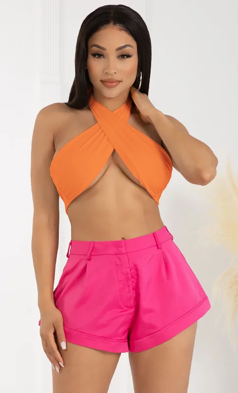 Bad Habits Orange Solid Cross Front Cotton Tie Halter Sleeveless Crop Top