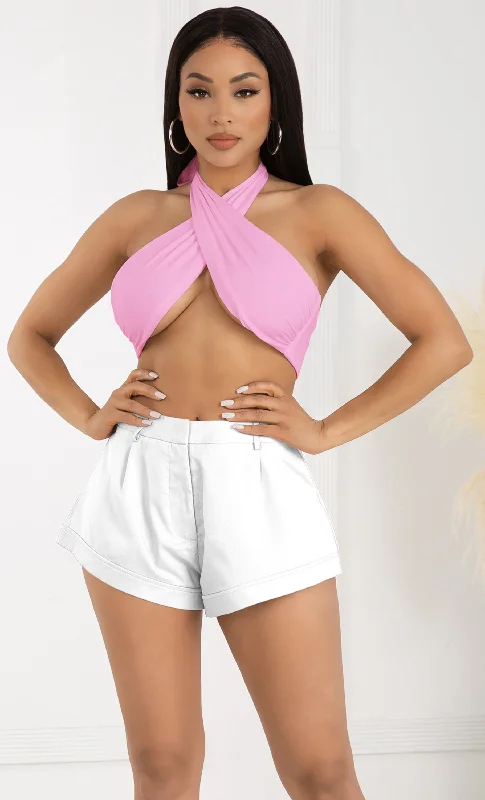 Bad Habits Pink Solid Cross Front Cotton Tie Halter Sleeveless Crop Top