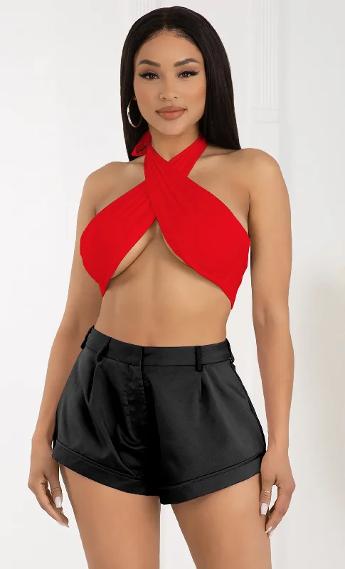 Bad Habits Red Solid Cross Front Cotton Tie Halter Sleeveless Crop Top