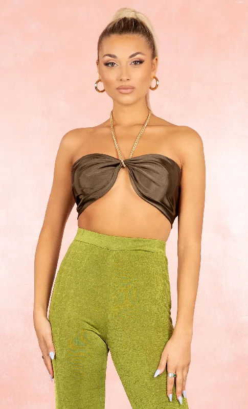 Be My Baby Olive Green Satin Gold Chain Scarf Crop Halter Strapless Bandeau Tube Top