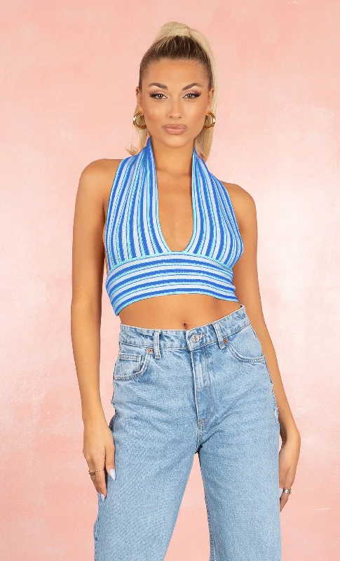 Blast From The Past Blue White Deep V Striped Halter Knit Tie Open Back Backless Sleeveless Crop Top