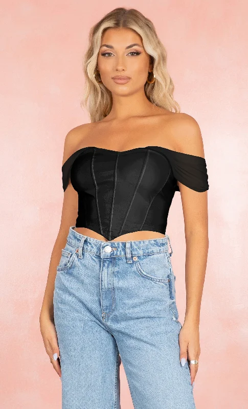 Chic Envy Black Faux Leather Sweetheart Off The Shoulder Mesh Short Sleeve Crop Top