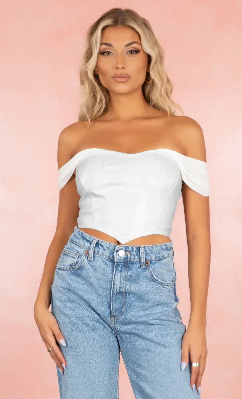 Chic Envy White Faux Leather Sweetheart Off The Shoulder Mesh Short Sleeve Crop Top