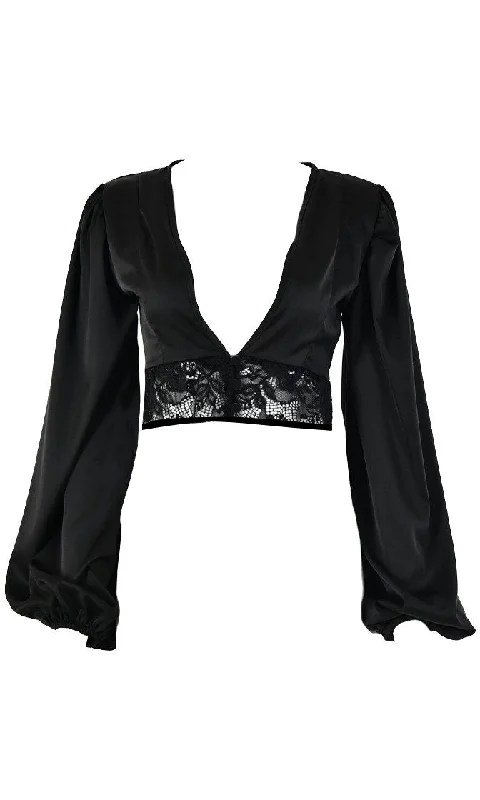 Come Fly With Me Black Long Lantern Sleeve Lace Trim V Neck Button Crop Top Blouse - 2 Colors Available