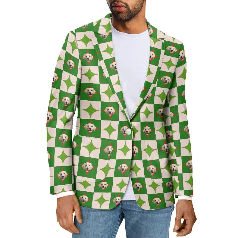 Custom Pet Face Green Grid Blazers Ties Personalized Jacket Casual Coats For Men Women