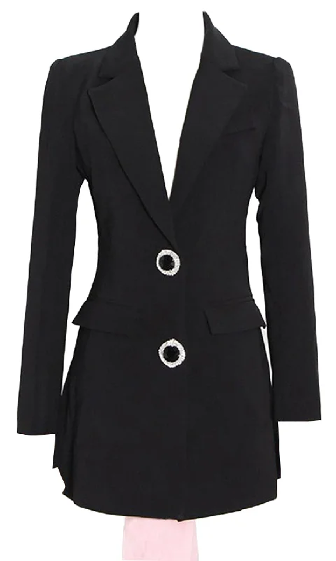 Drawing Attention <br><span>Black Long Sleeve Cut Out Back Rhinestone Button Bow Blazer Jacket Outerwear</span>