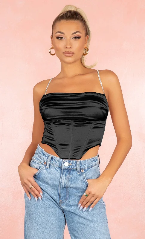 Intoxicating Style Black Satin Sleeveless Rhinestone Spaghetti Strap Drape Crop Top Blouse