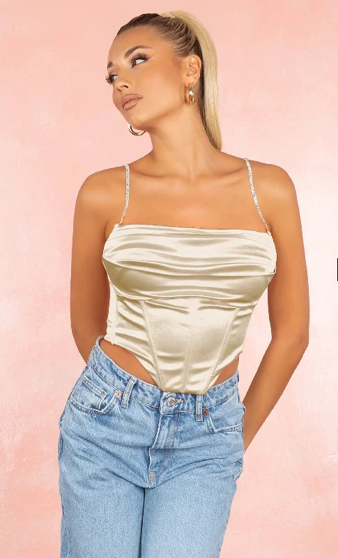 Intoxicating Style Khaki Satin Sleeveless Rhinestone Spaghetti Strap Drape Crop Top Blouse