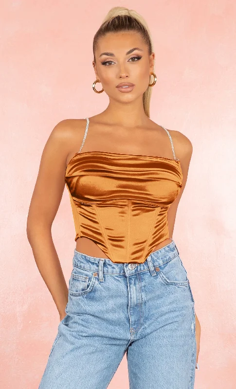 Intoxicating Style Rust Orange Satin Sleeveless Rhinestone Spaghetti Strap Drape Crop Top Blouse