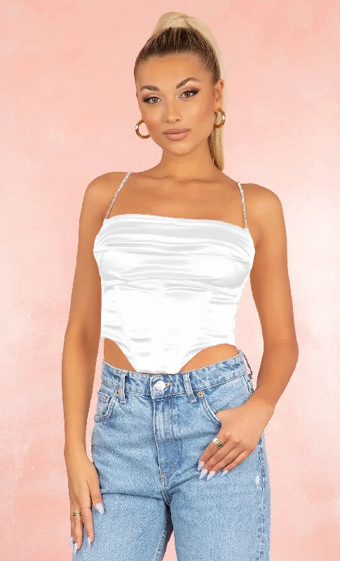 Intoxicating Style White Satin Sleeveless Rhinestone Spaghetti Strap Drape Crop Top Blouse