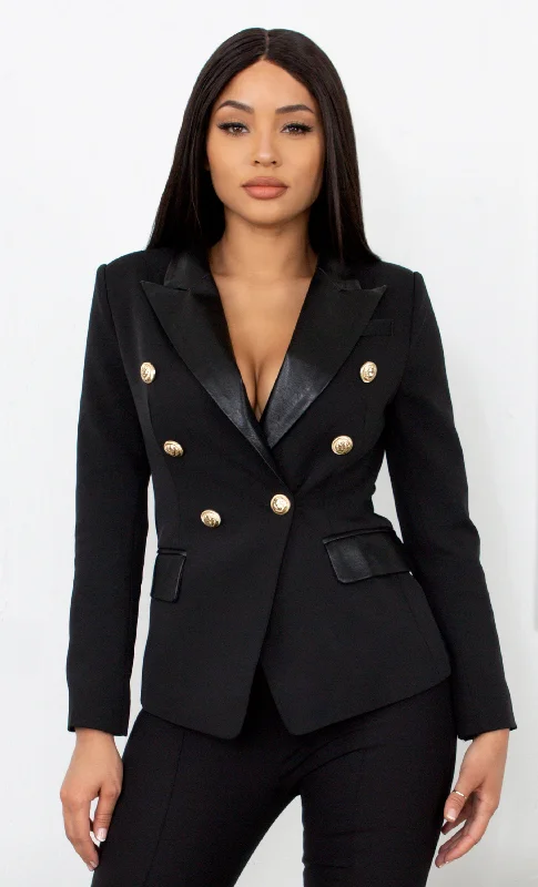 Keeping Focus Faux Leather Lapel Accent Black Gold Button Long Sleeve Blazer Jacket Outerwear