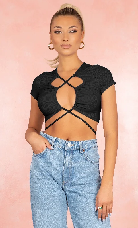 Lace Me Up Black Ribbed Short Cap Sleeve Criss Cross Cut Out Crop Top