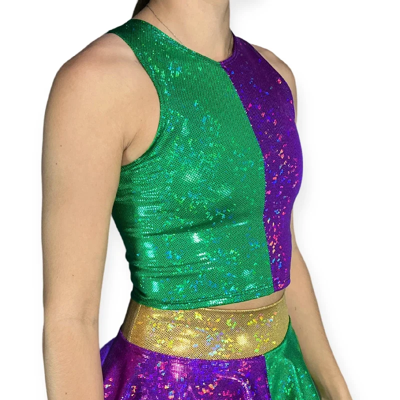 High Neck Crop Tank Top - Mardi Gras Purple & Green