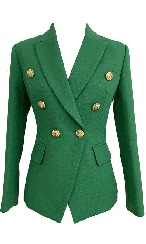 On Call Green Long Sleeve Gold Button V Neck Lapel Blazer Jacket Outerwear