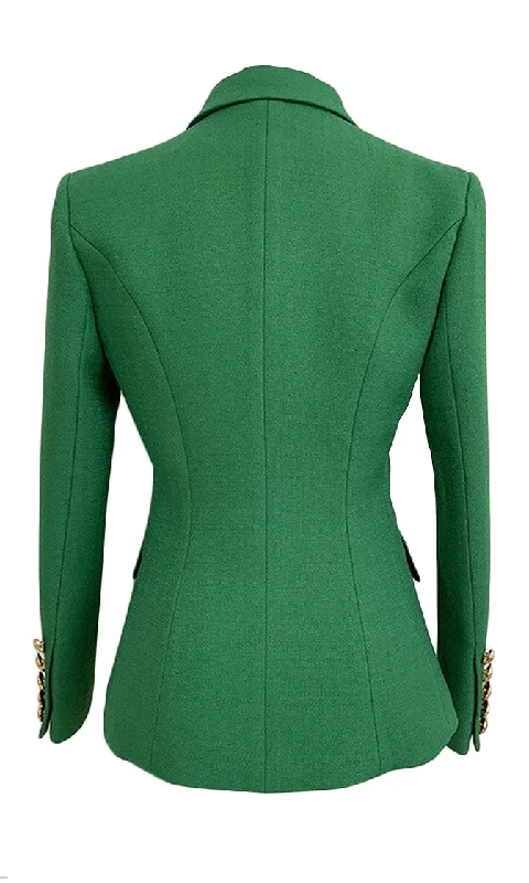 On Call Green Long Sleeve Gold Button V Neck Lapel Blazer Jacket Outerwear