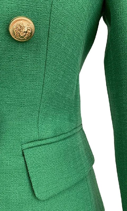 On Call Green Long Sleeve Gold Button V Neck Lapel Blazer Jacket Outerwear