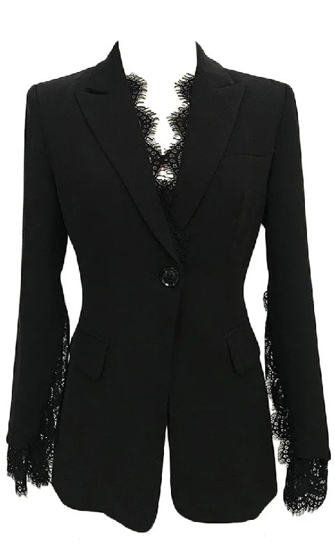 On My Best Behavior Lace Trim Long Sleeve V Neck Button Blazer Jacket Outerwear