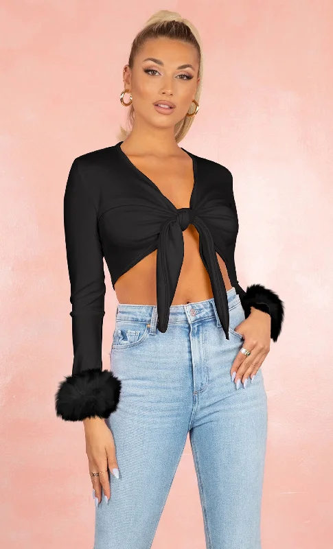 Piece Of Candy Black Long Sleeve Feather Cuff Plunge V Neck Tie Front Crop Top