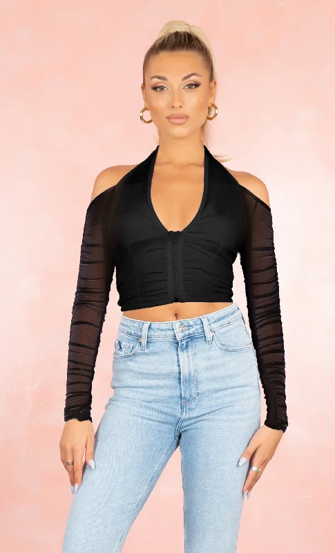 Play On Words Black Sheer Mesh Ruched Long Sleeve Cold Shoulder Halter Plunge V Neck Zip Crop Top