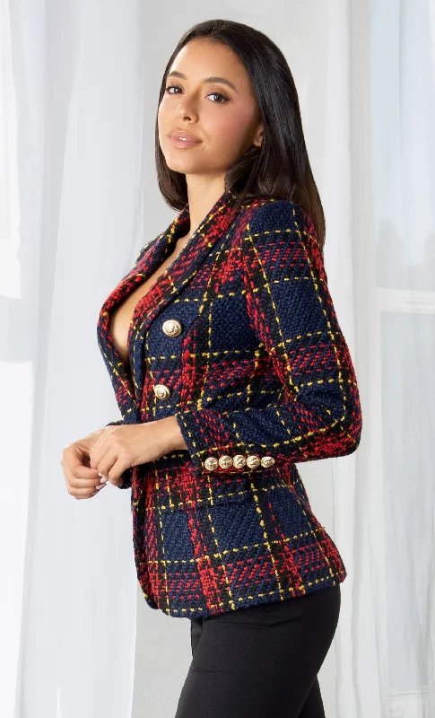 Preppy Attitude Tweed Navy Blue Red Yellow Plaid Pattern Long Sleeve Gold Button Woolen Double Breast Blazer Jacket Outerwear