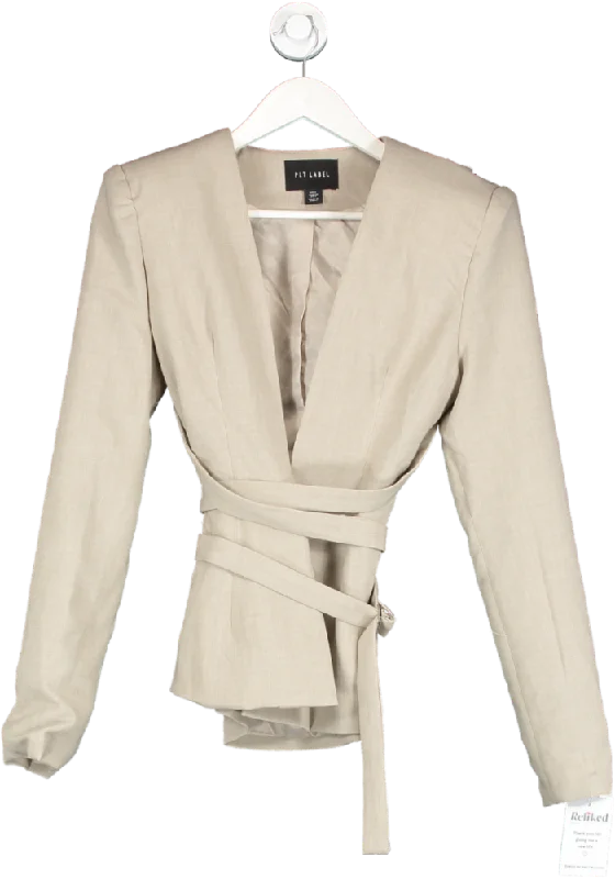 PrettyLittleThing Beige Label Oatmeal Strap Detail Cross Over Fitted Blazer UK 6