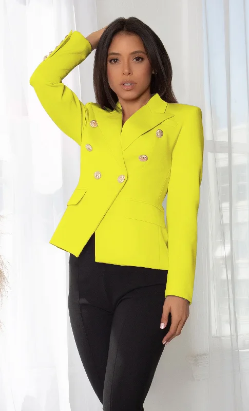 Ready To Work Neon Yellow Long Sleeve Peaked Lapels Double Breasted Gold Button Blazer Jacket Outerwear