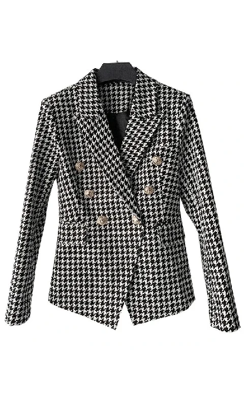 Running The Show Black White Houndstooth Long Sleeve Double Breasted Blazer Jacket Outerwear