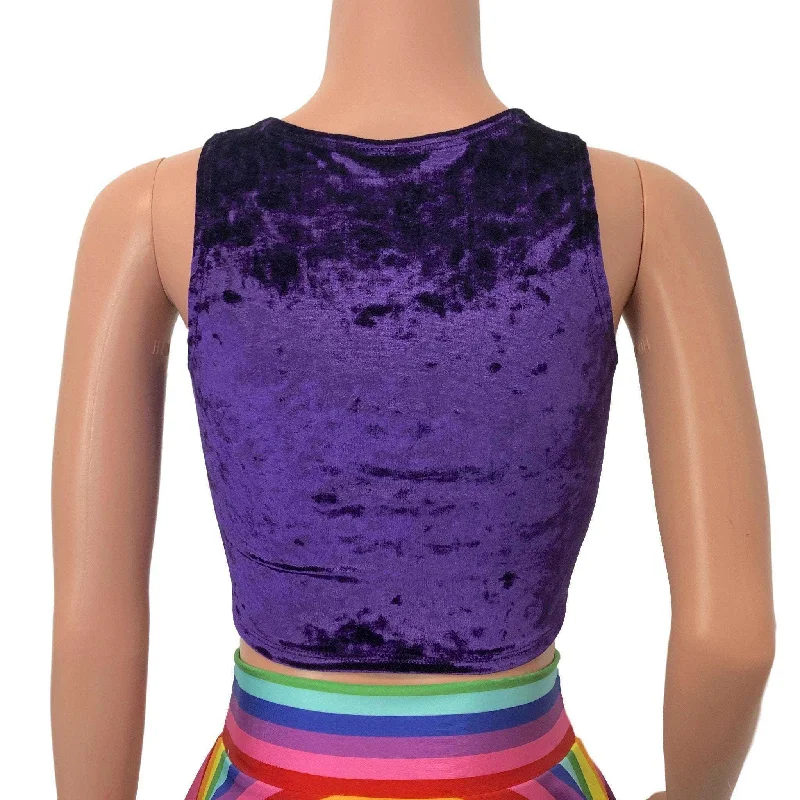 SALE - SMALL - Lace-Up Crop Top - Purple Crushed Velvet & Rainbow