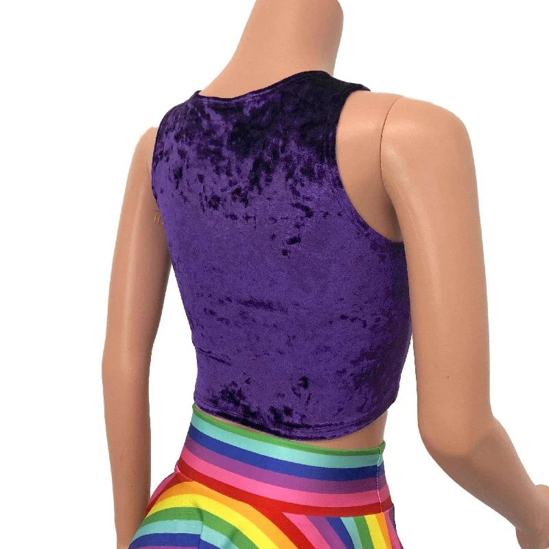 SALE - SMALL - Lace-Up Crop Top - Purple Crushed Velvet & Rainbow