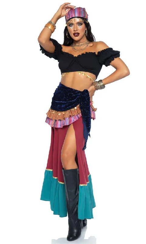 Seeing The Future <br><span>Multicolor Off The Shoulder Crop Top Ruffle Slit Maxi Skirt Head Scarf Three Piece Halloween Costume</span>