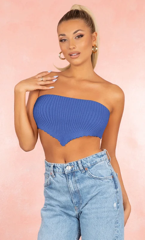 Short Notice Blue Stretchy Ribbed Triangle V Hem Strapless Lace Up Back Crop Top