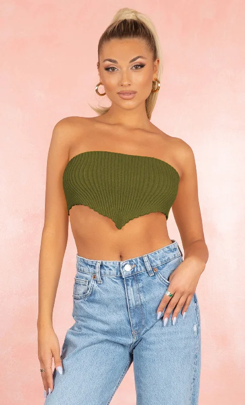 Short Notice Green Stretchy Ribbed Triangle V Hem Strapless Lace Up Back Crop Top