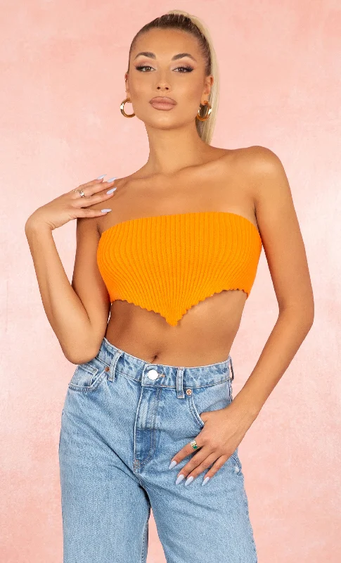 Short Notice Orange Stretchy Ribbed Triangle V Hem Strapless Lace Up Back Crop Top