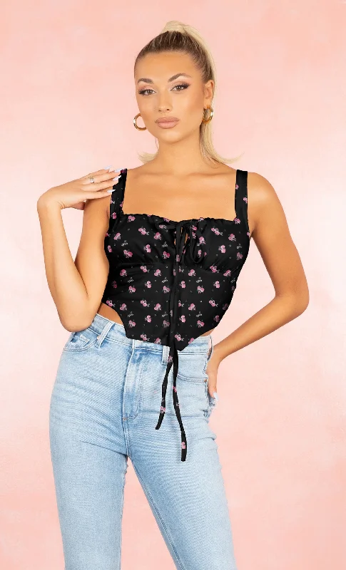 Sweet Mystery Black Floral Pattern Ruched Sleeveless Tie Front Bustier Asymmetric Hem Crop Top