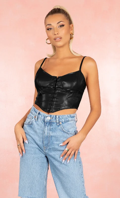 Wait Till You Hear Black PU Faux Leather Sleeveless Spaghetti Strap Scoop Neck Hook and Eye Bustier Crop Top